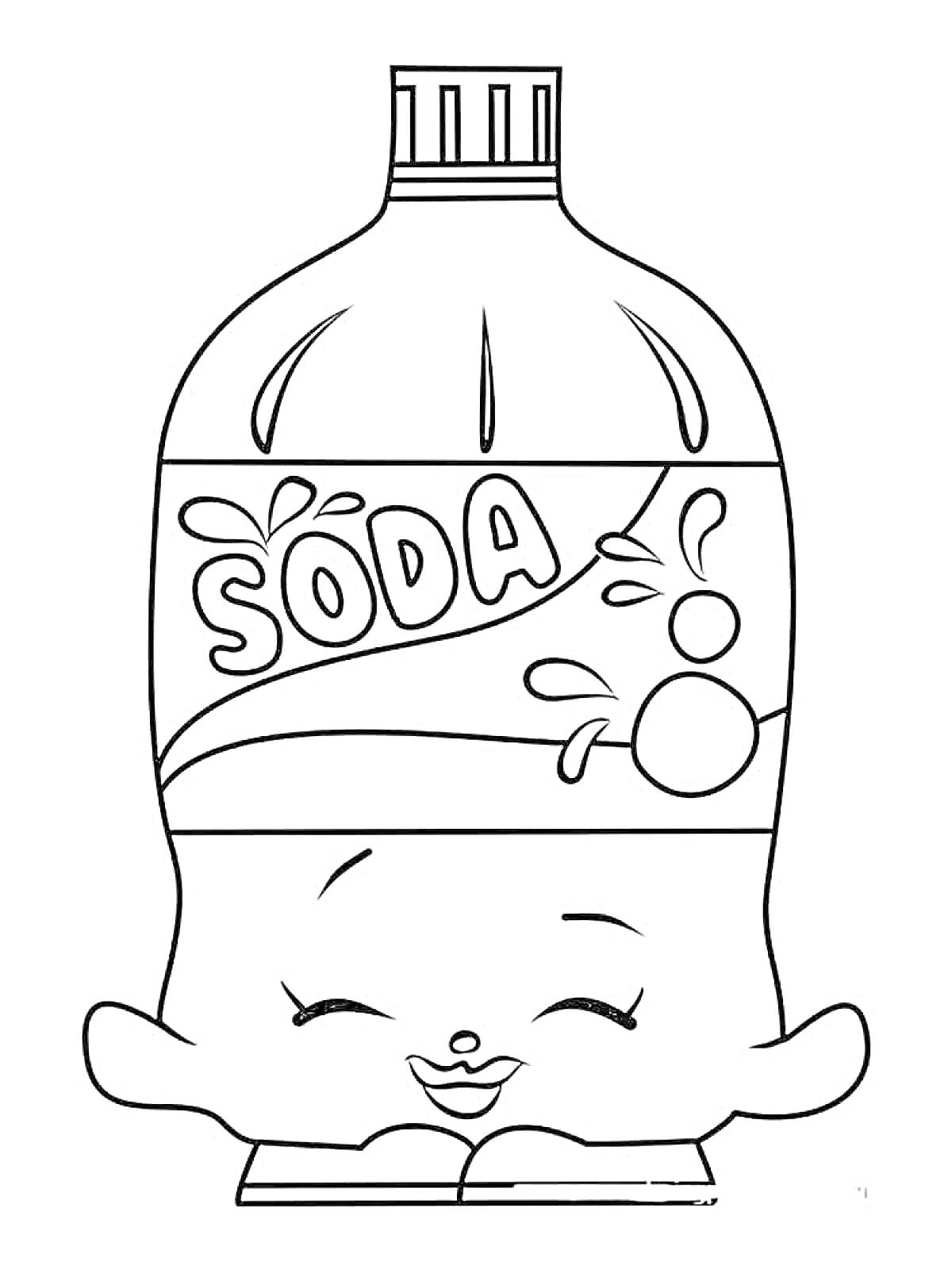 Раскраска Бутылка газировки с надписью SODA и улыбающимся лицом