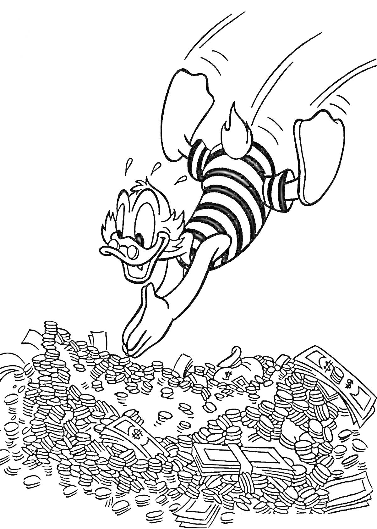 РаскраскаСкрудж Макдак ныряющий в кучу монет и банкнот