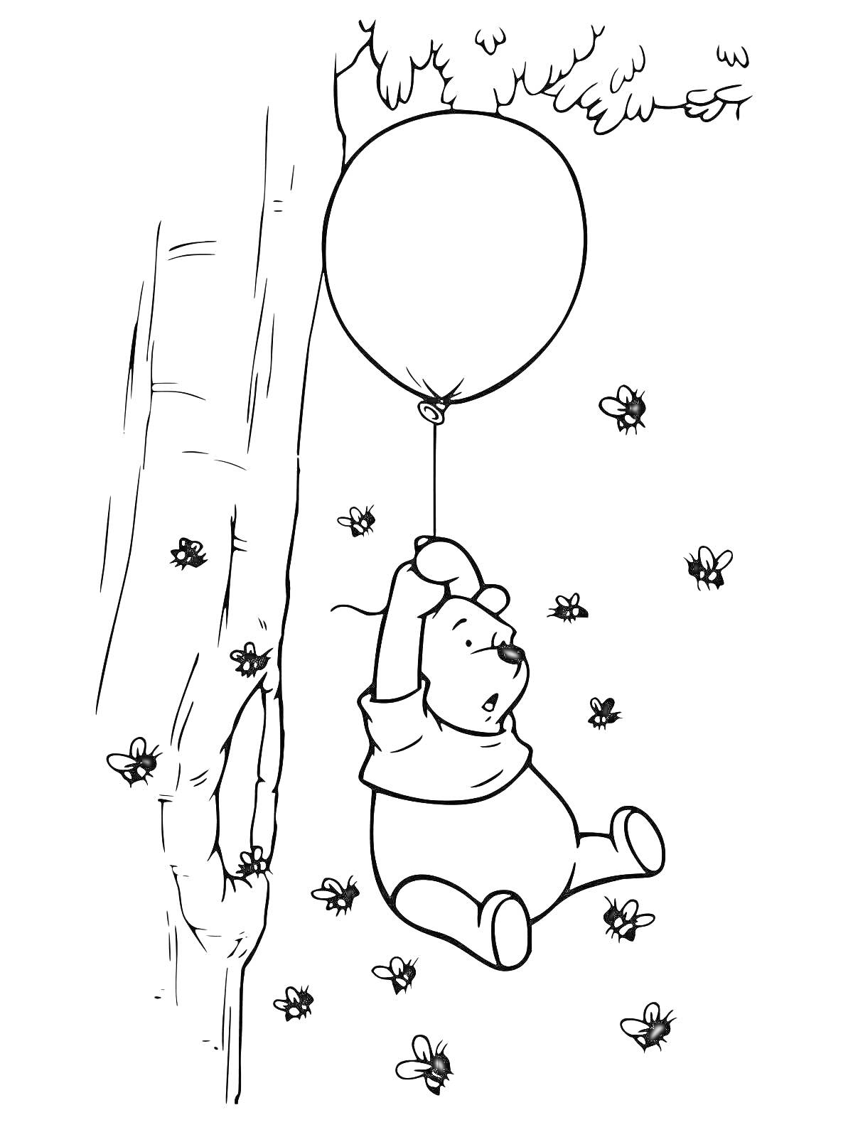 На раскраске изображено: Пчелы, Медведь, Лес