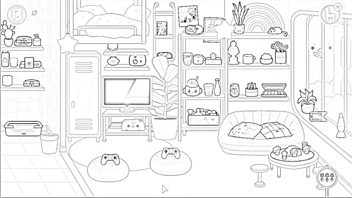 Раскраска Гостиная с двухъярусной кроватью, телевизором, полками, столиком, креслом, мягкими креслами-мешками и растениями