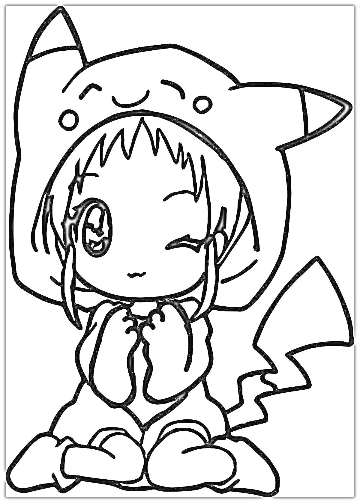 Раскраска Девочка аниме в костюме с ушками и хвостом, сидящая и подмигивающая