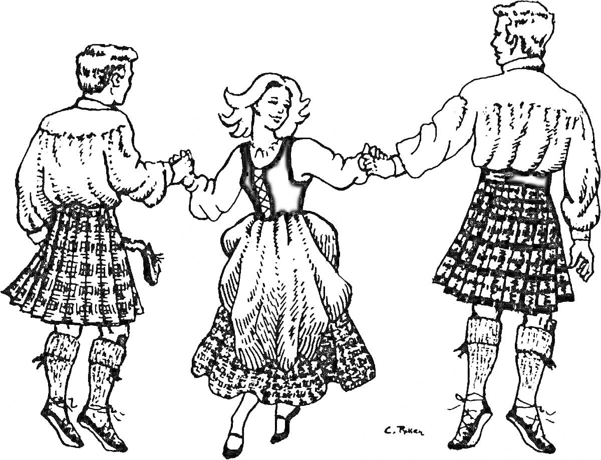 На раскраске изображено: Танец, Традиционная одежда, Юбки, Рубашки, Народный танец