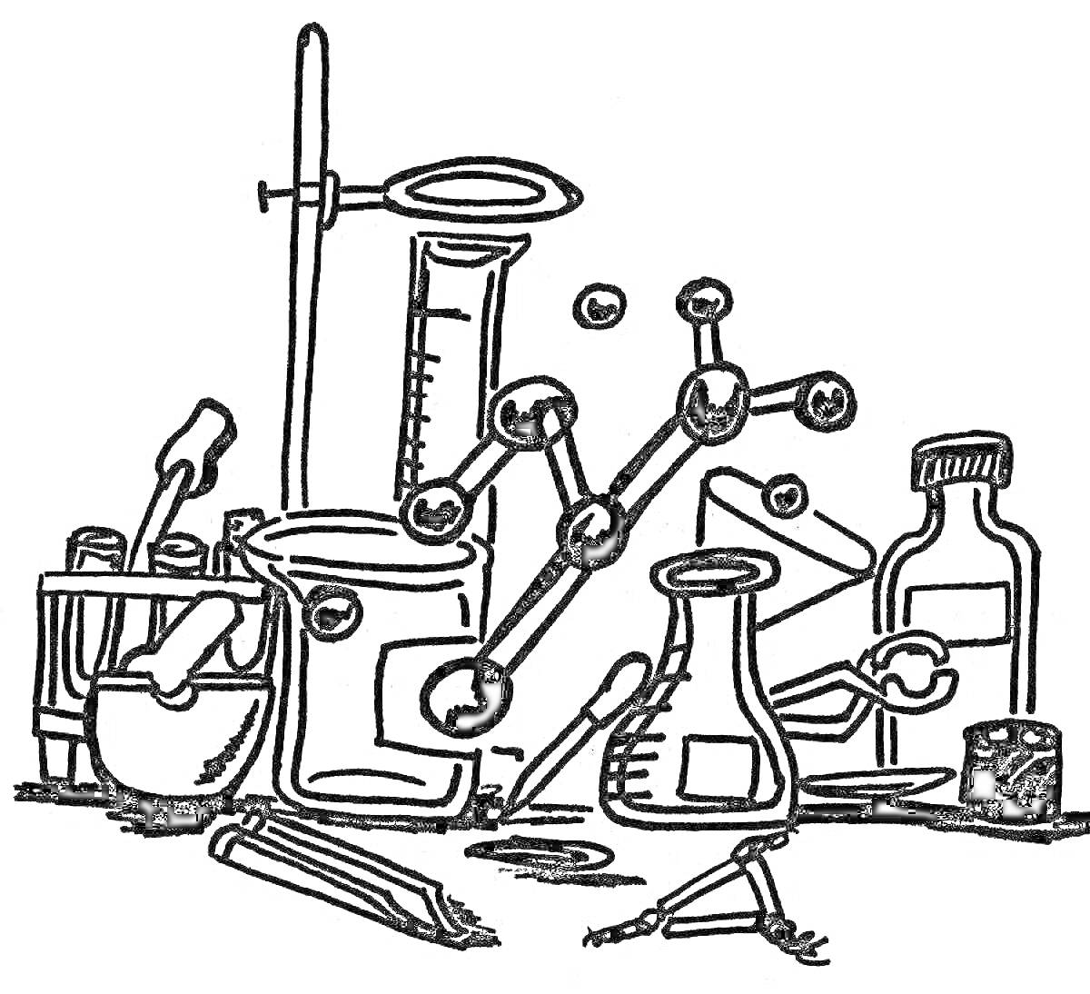 Раскраска Лабораторное оборудование: пробирки, колба, мензурка, пробирочный штатив, брызгалка, химическая структура, карандаши, книга