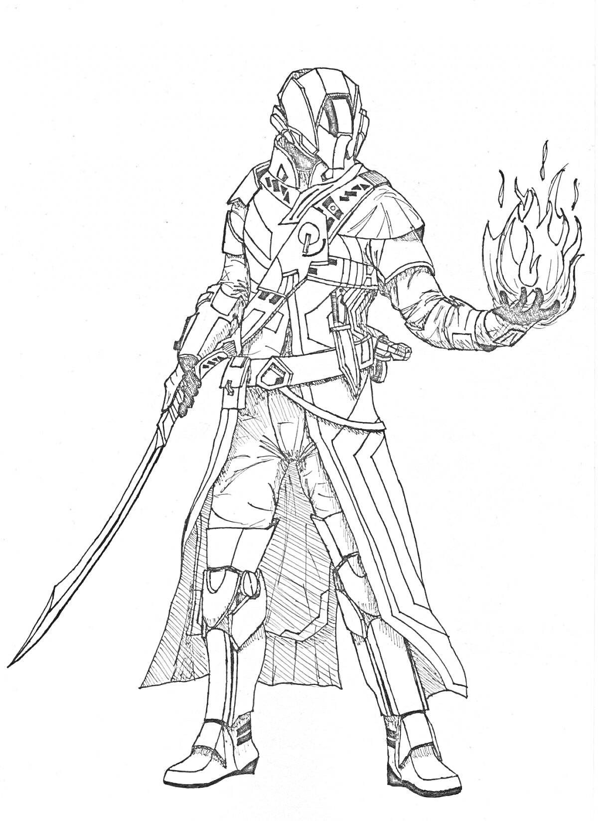 РаскраскаВоин в броне с мечом и огненным шаром