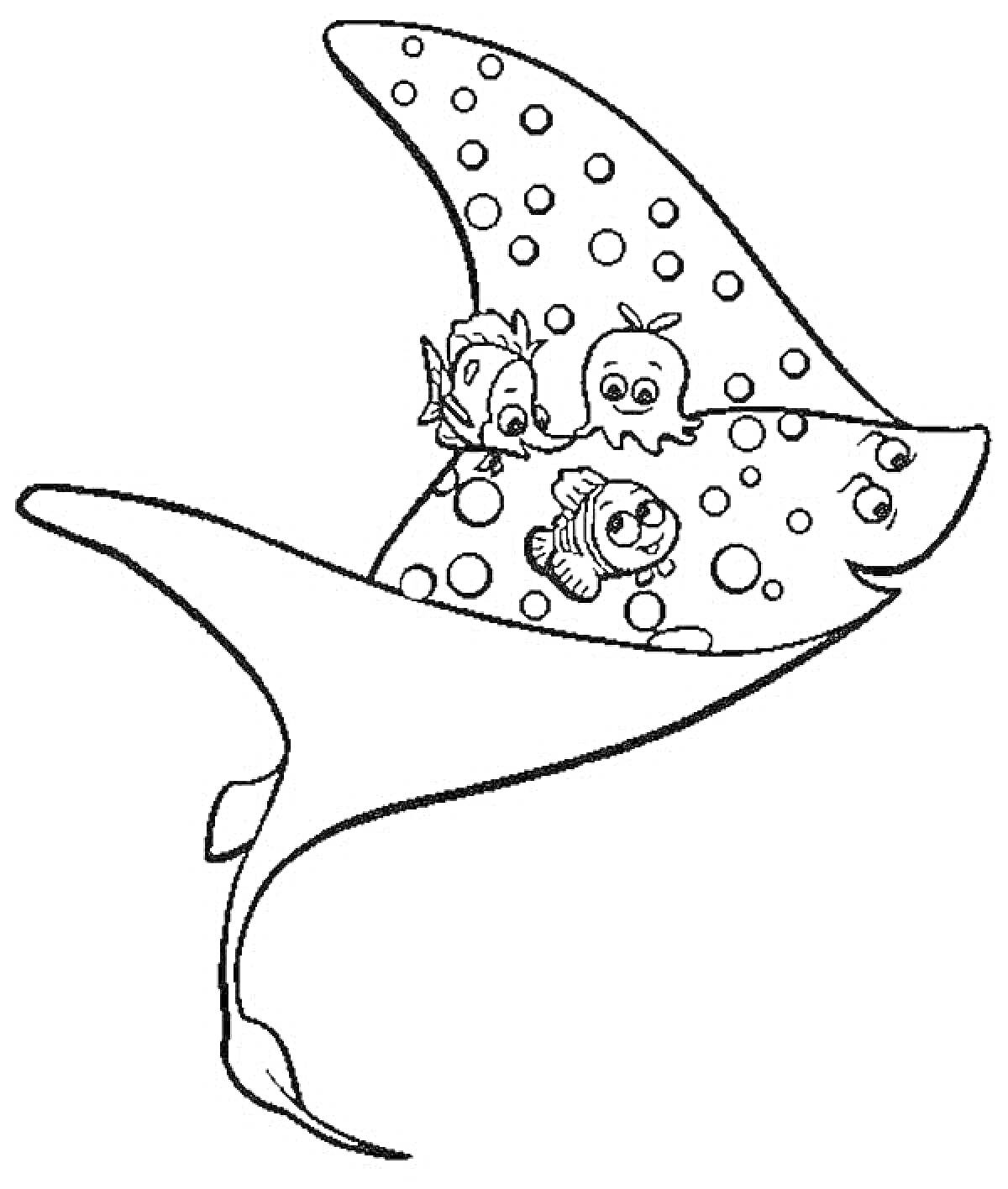 На раскраске изображено: Скат, Подводный мир, Морские животные, Для детей, Океаны, Рыба