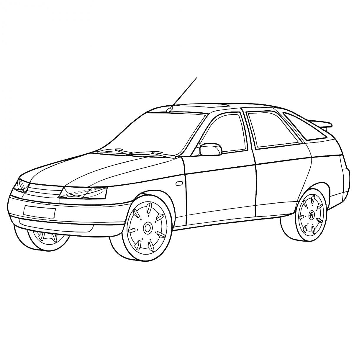 Раскраска Автомобиль Лада Гранта в профиль с видимыми передними и задними колесами, зеркалами заднего вида, антенна на крыше