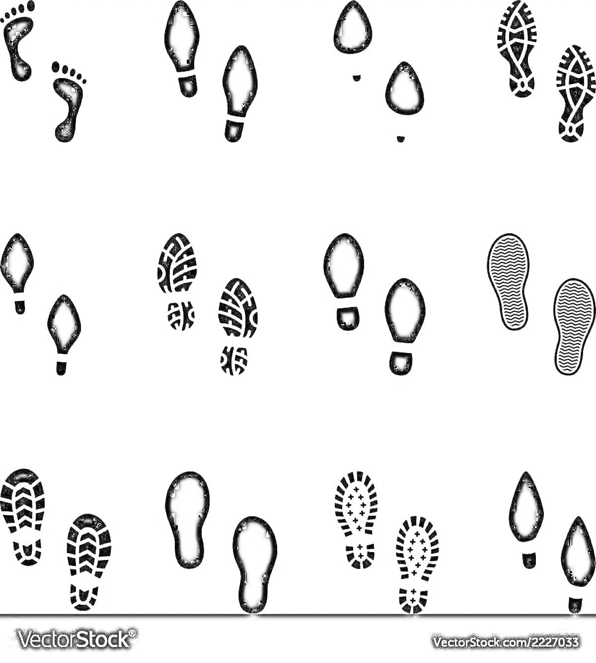 Раскраска следы различных видов обуви на белом фоне, включая ботинки, кеды, шлёпанцы