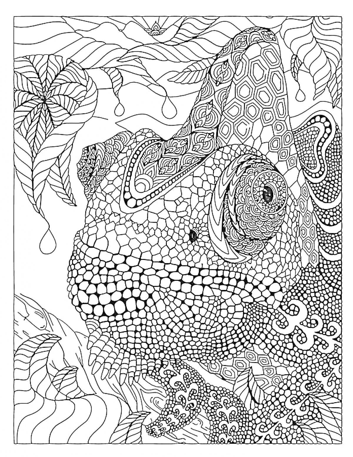 Раскраска Хамелеон с листочками и рисунками на теле