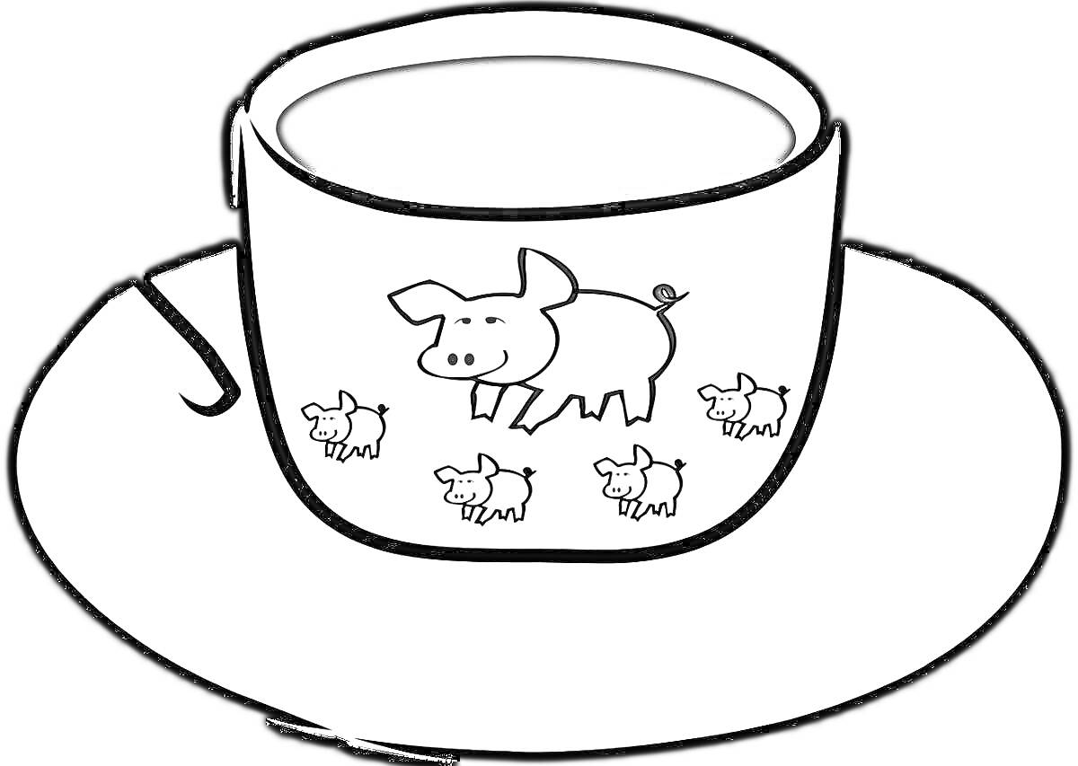 На раскраске изображено: Кофе, Напиток, Блюдца, Свиньи, Чашки