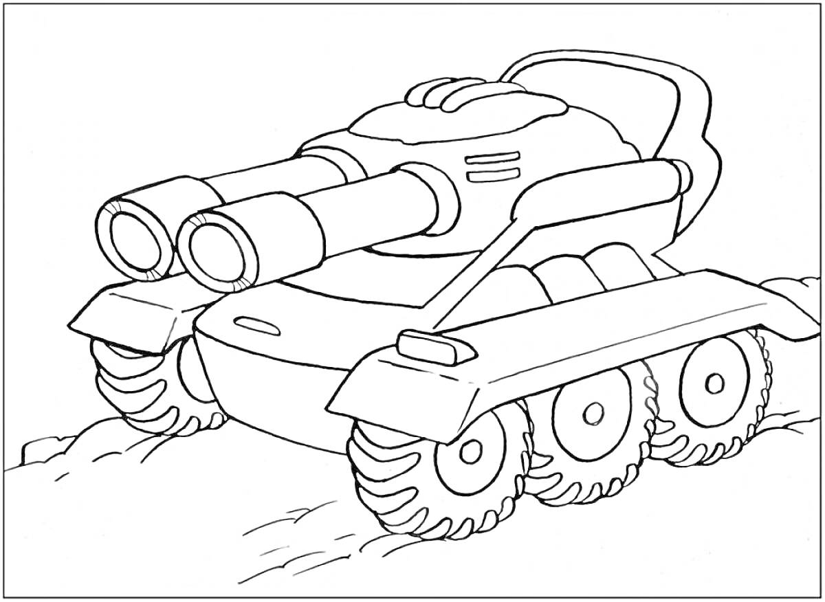 На раскраске изображено: Для детей, Военная техника, Колеса, Танк, Бронированная машина, Пушка
