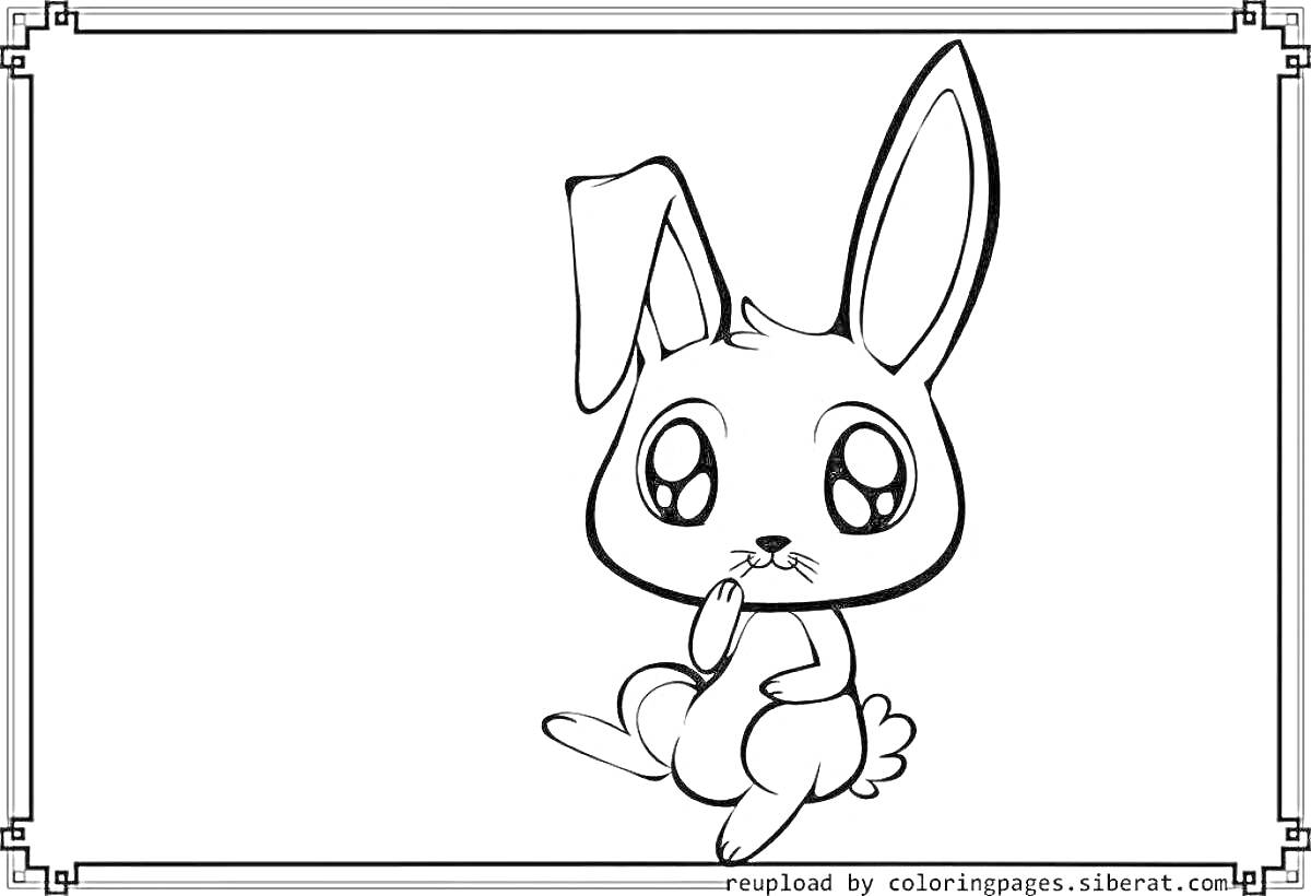 Раскраска маленький зайчик с большими глазами и одним согнутым ухом, сидящий в рамке