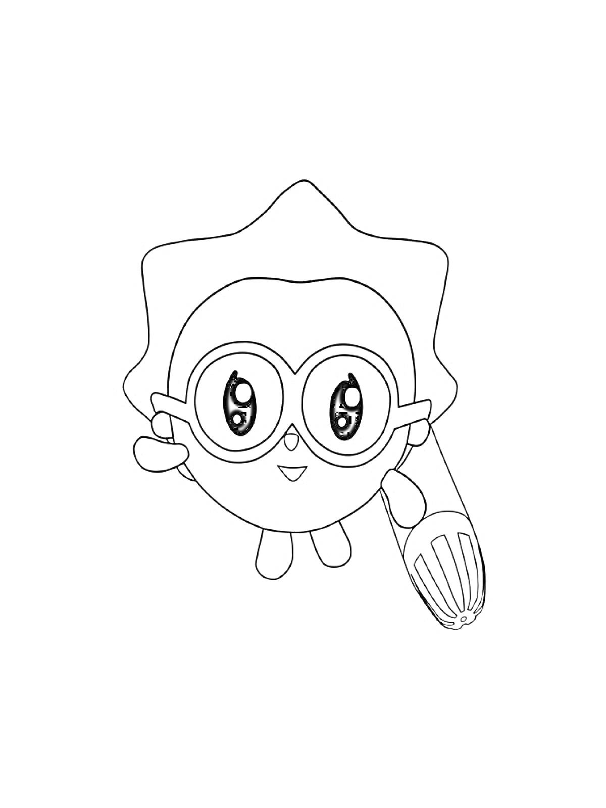Раскраска Малышарики персонаж в очках с карандашом