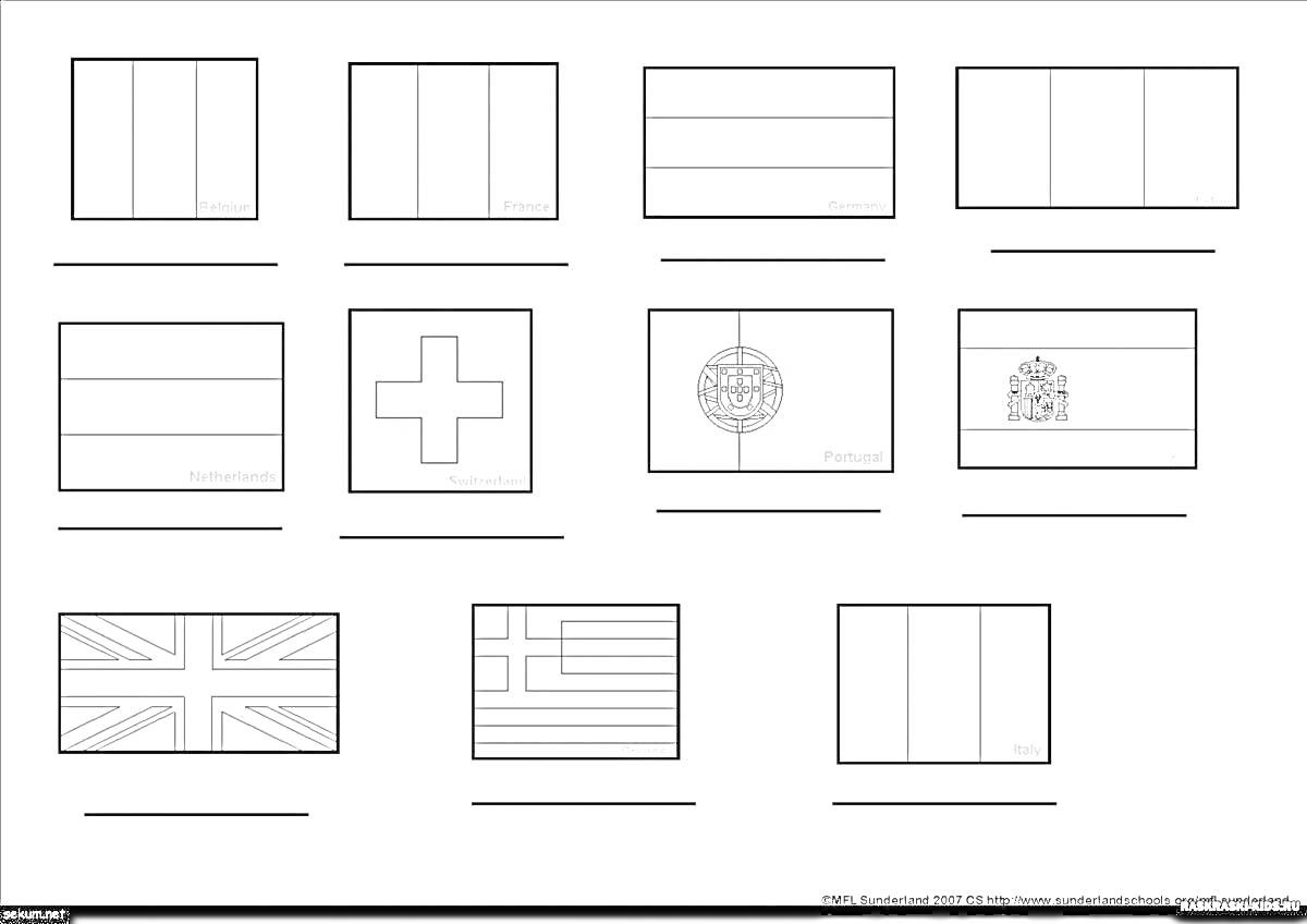 Раскраска флаги стран с названиями, 12 флагов, три ряда, черно-белые контуры