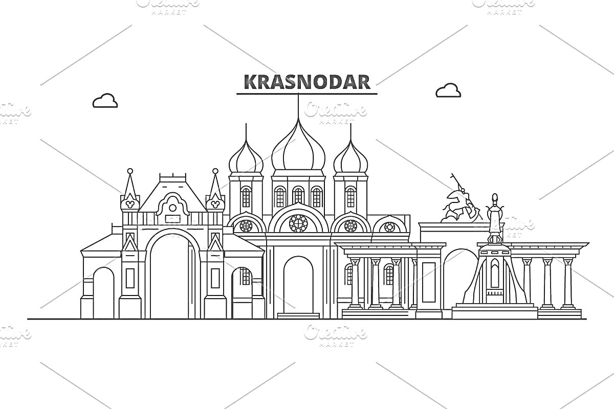 Раскраска Достопримечательности Краснодара с аркой, храмом, памятником и зданием