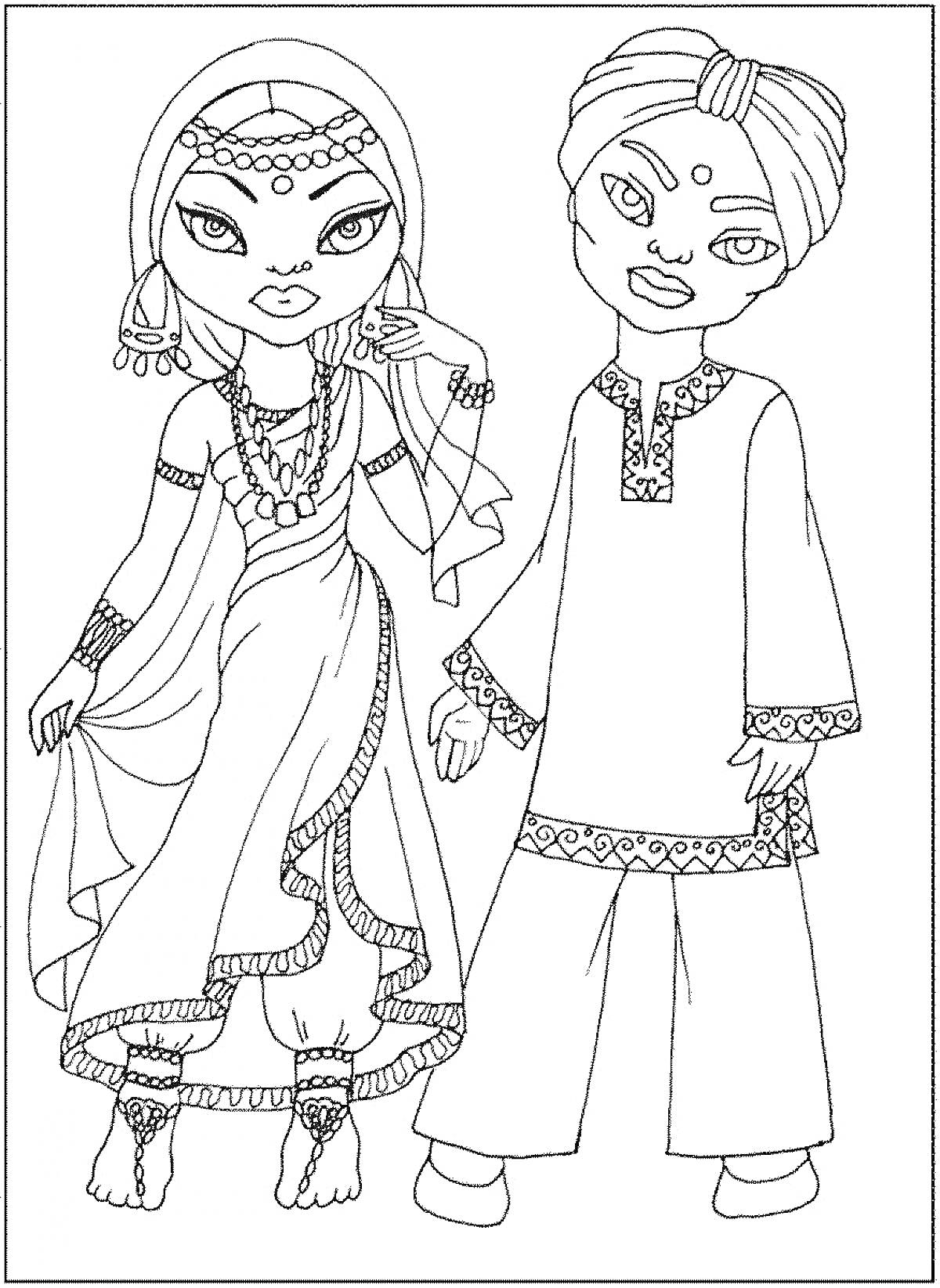 Раскраска Дети в традиционных индийских костюмах: девочка в сари и мальчик в курте с тюрбаном.