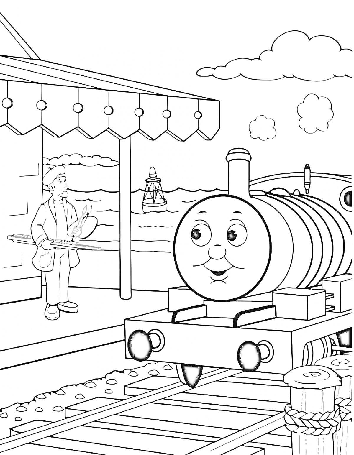 Раскраска Паровозик Томас на вокзале с рабочим и маяком на фоне