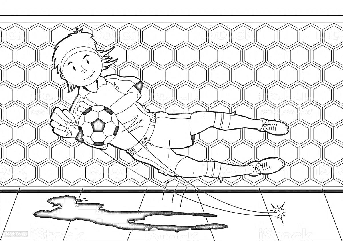 Раскраска Вратарь, ловящий мяч в прыжке на фоне футболльных ворот