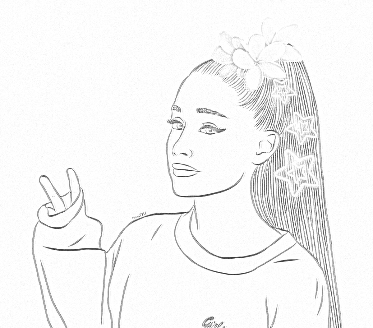 Раскраска Девушка в свитере с декором в волосах (цветы и звезды) показывает V-знак