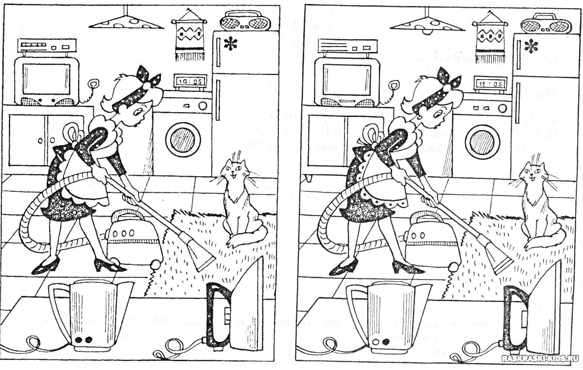 Раскраска Домработница пылесосит рядом с кошкой на кухне. На заднем плане видны плита, духовка, микроволновка, шкафчики и лампа. На переднем плане чайник с поврежденным проводом, подключенным в розетку.