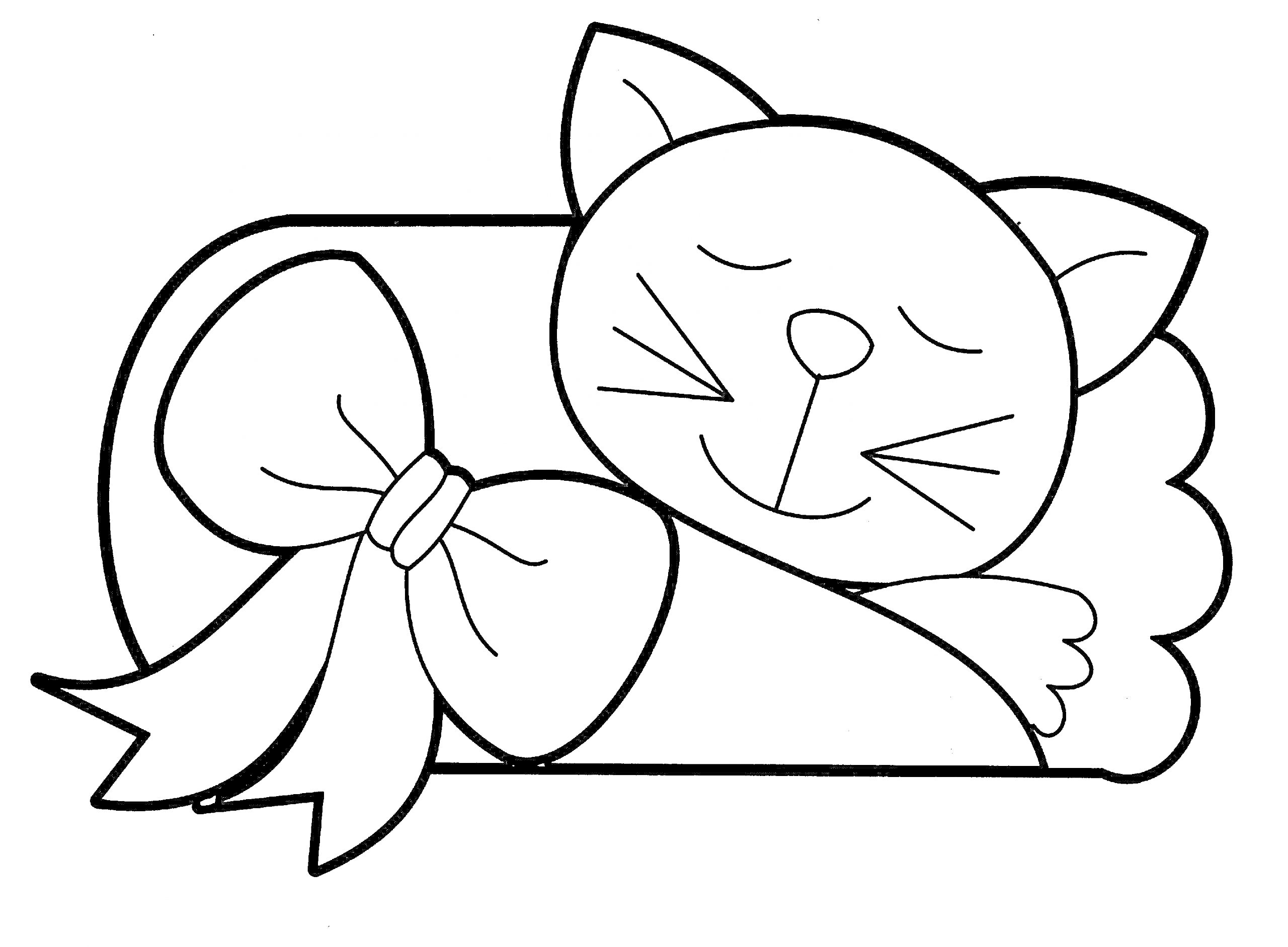 Раскраска Спящий котенок с бантом