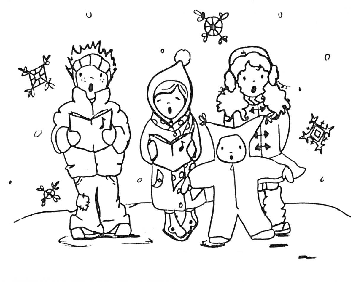 На раскраске изображено: Колядки, Рождество, Зимняя одежда, Снежинки, Снег, Зима, Пение, Для детей, Улицы