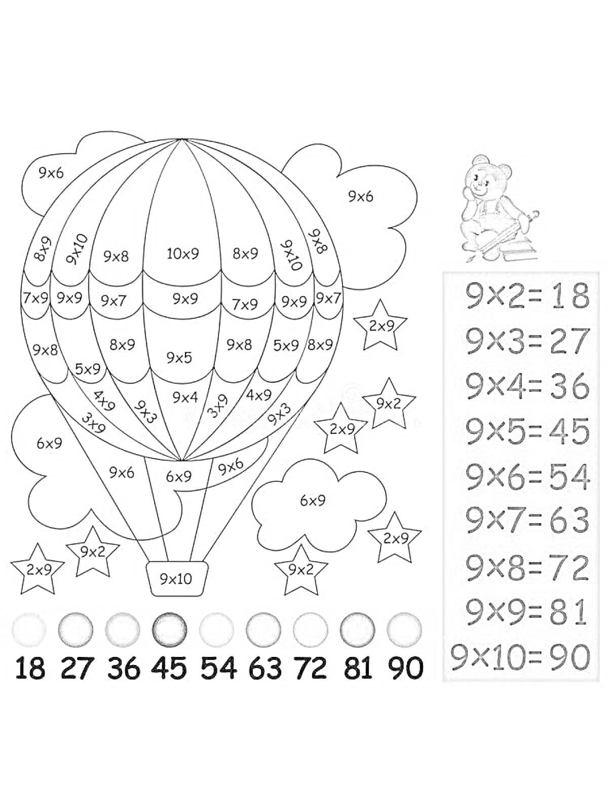 Раскраска Воздушный шар с таблицей умножения на 9, звезды, медведь с рюкзаком