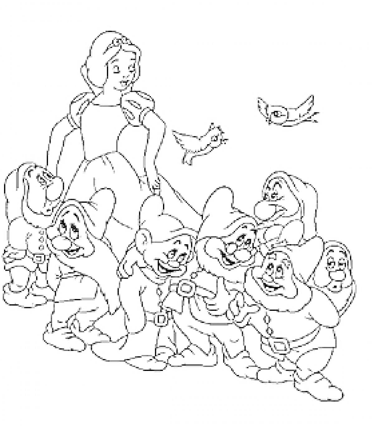 Раскраска Белоснежка с семью гномами и птицами