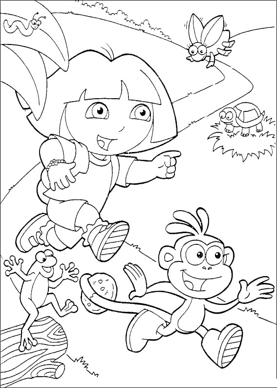 Раскраска Даша Путешественница и Башмачок бегут по тропинке, лягушка и черепаха на фоне