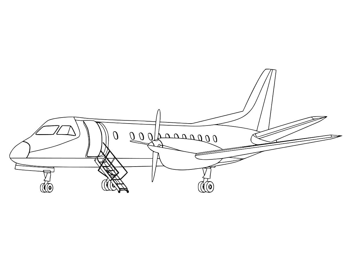 Раскраска Самолет с лестницей на стоянке (вид сбоку, шасси выпущены)