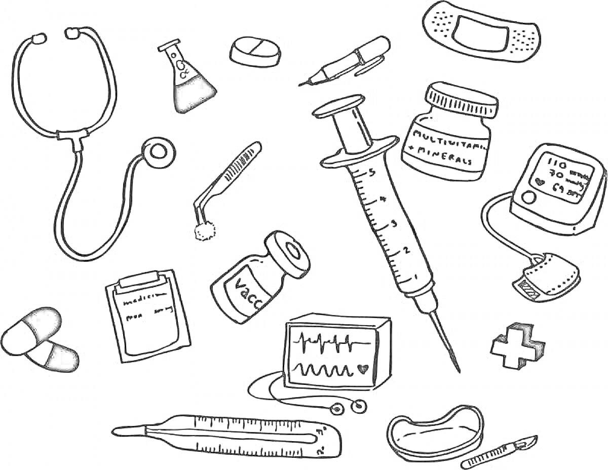 Раскраска Набор доктора: стетоскоп, пробирка, таблетка, пластырь, шприц, баночки с лекарством, электронный термометр, перчатка, шприц с вакциной, кардиомонитор, крест, таблетки, блокнот с клипом, градусник, зубная щетка, медицинская лента и лупа