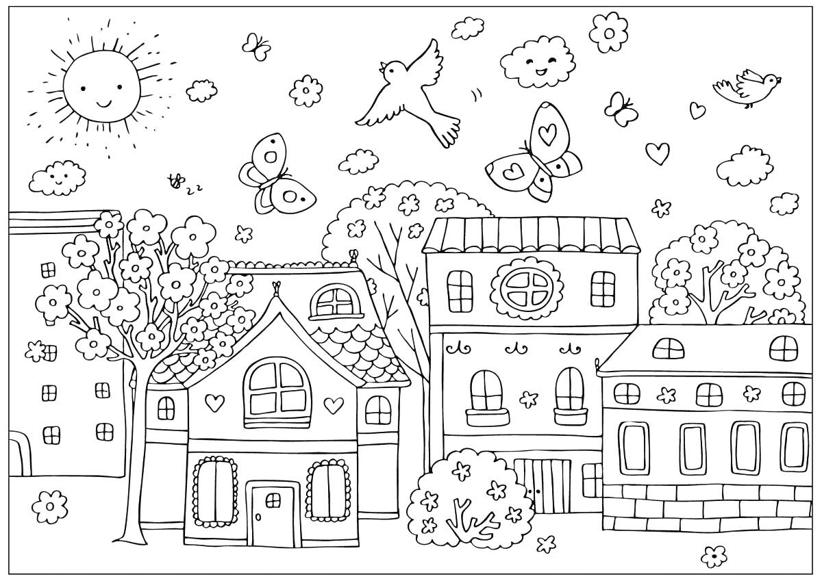 Раскраска Сказочный город с деревьями, домами, солнцем, облаками, цветами, бабочками и птицами