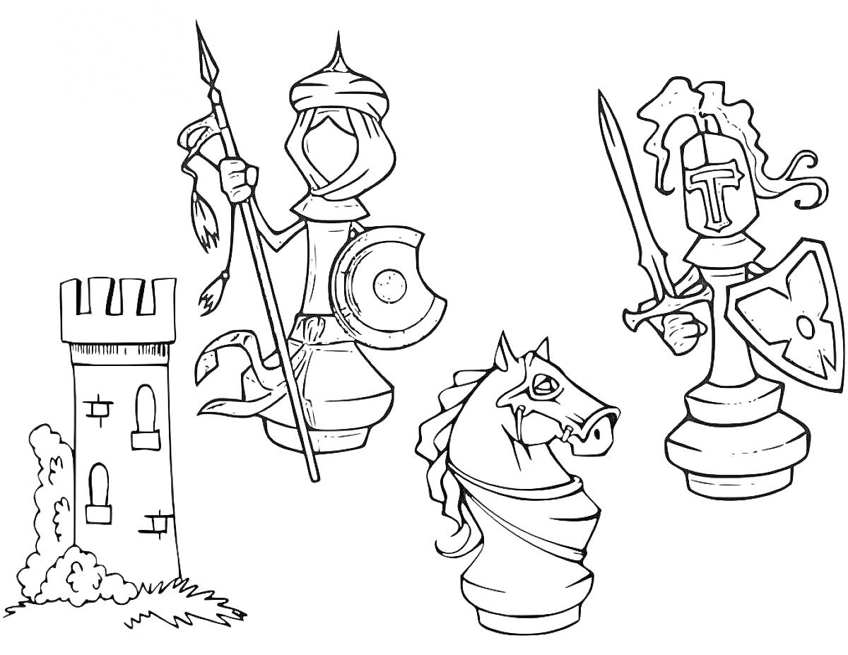 Раскраска Шахматная башня с кустами, ладья, конь, слон с копьем и щитом, ферзь с мечом и щитом