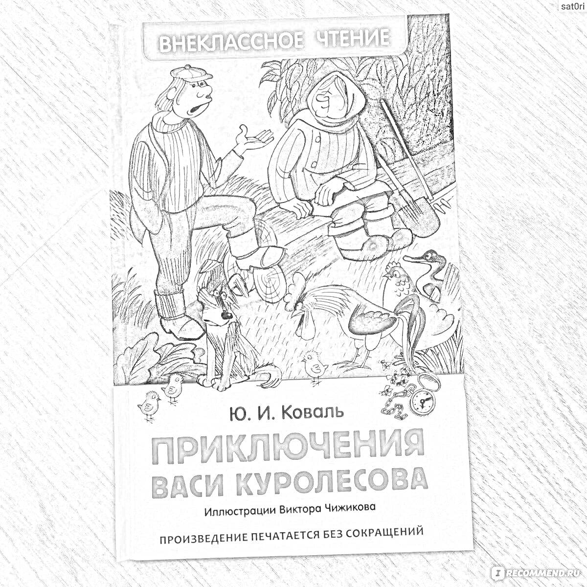 На раскраске изображено: Книга, Приключения, Вася Куролесов, Литература, Детектив, Обложка, Лес, Костер, Собака