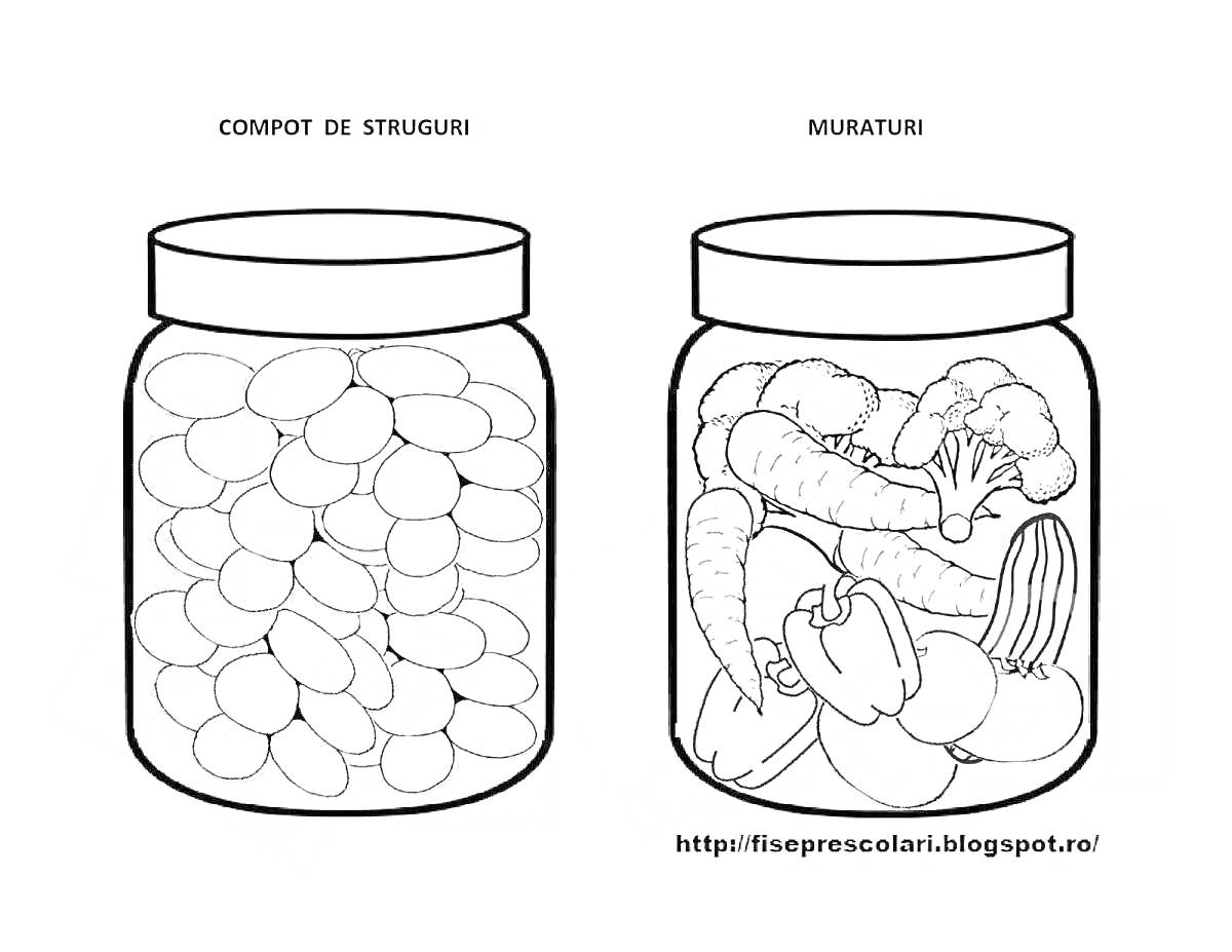 Раскраска Банки с виноградным компотом и маринадами, полные винограда, цветной капусты, огурцов, моркови и кабачков