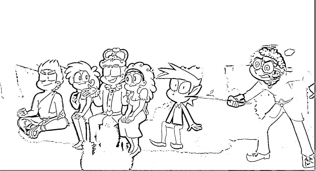 Раскраска Группа персонажей на скамейке и человек в лабораторном халате