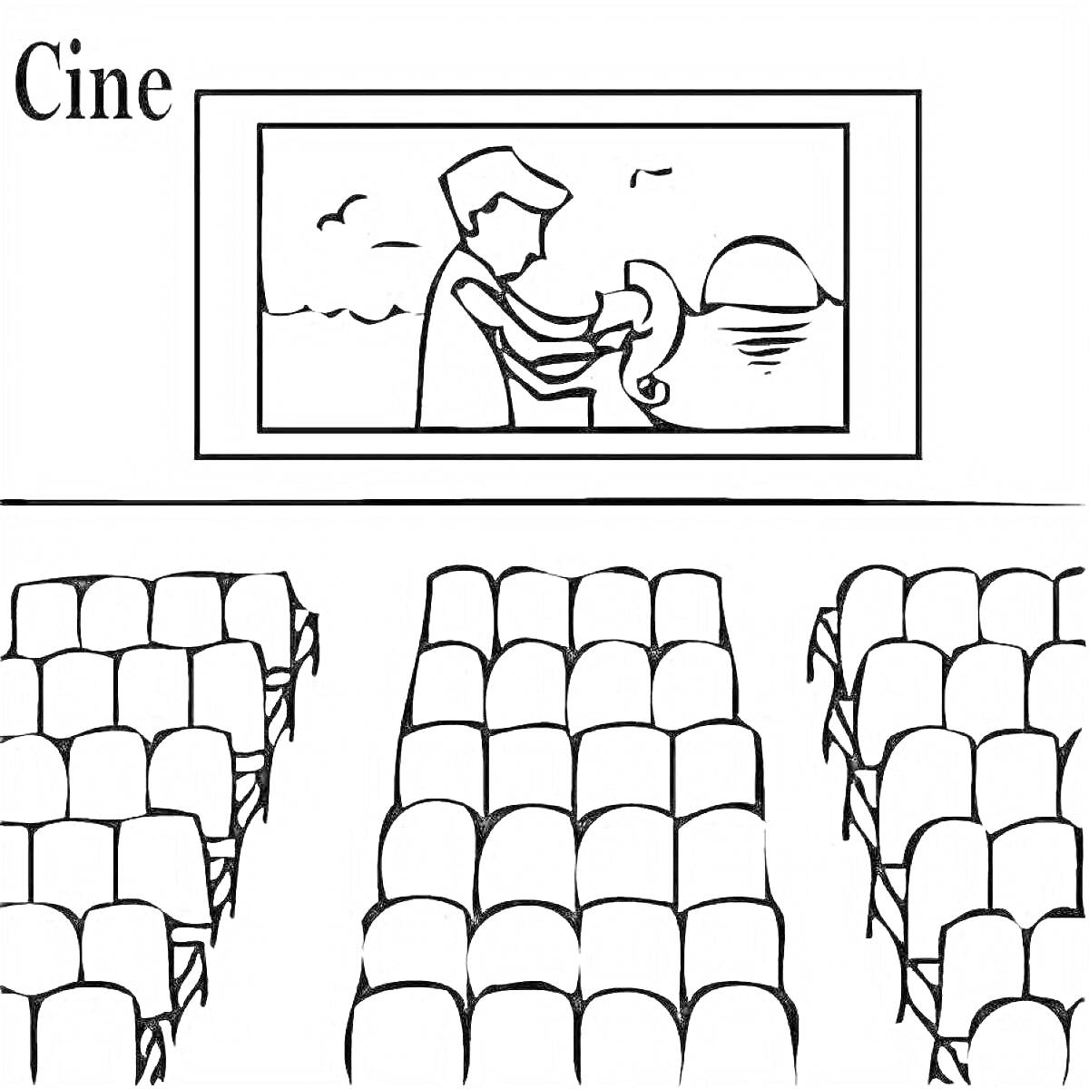 Раскраска Кинотеатр с экраном, показывающим сцену с человеком и животным на пляже, сидения в залом.