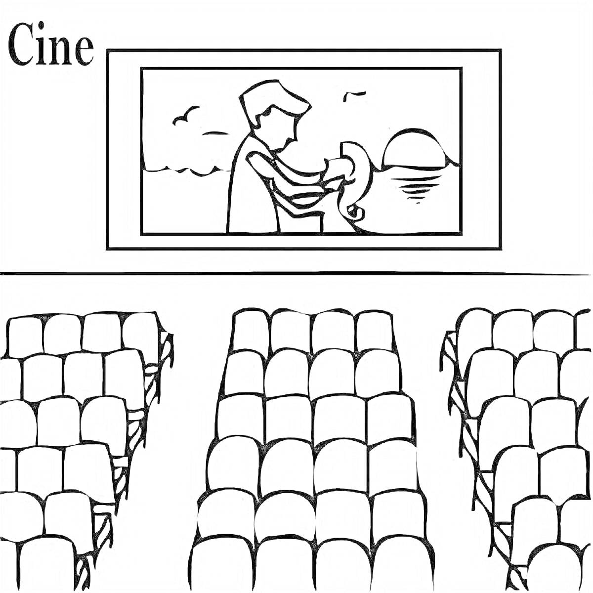 На раскраске изображено: Кинотеатр, Экран, Фильм, Зал, Сидения, Человек, Животные, Пляж, Море, Солнце, Сцены