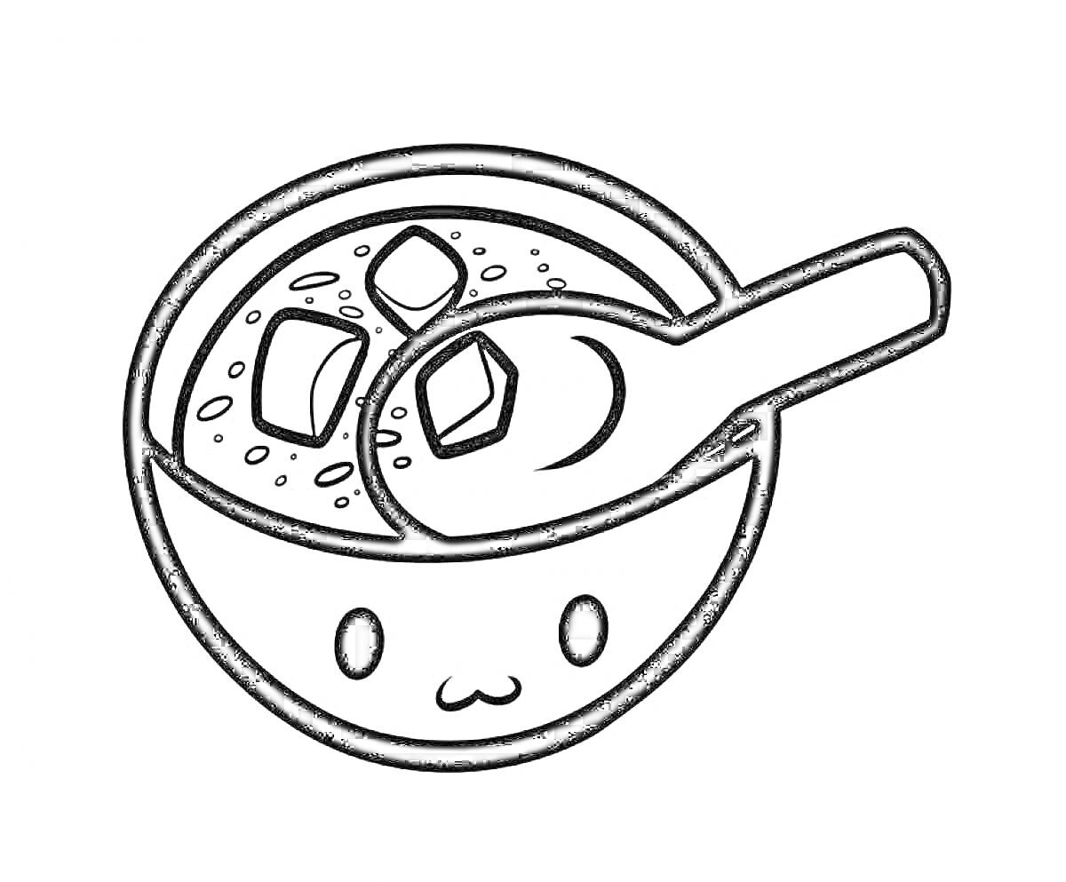 Раскраска Миска с супом, ложка в супе, кусочки овощей, милое лицо на миске