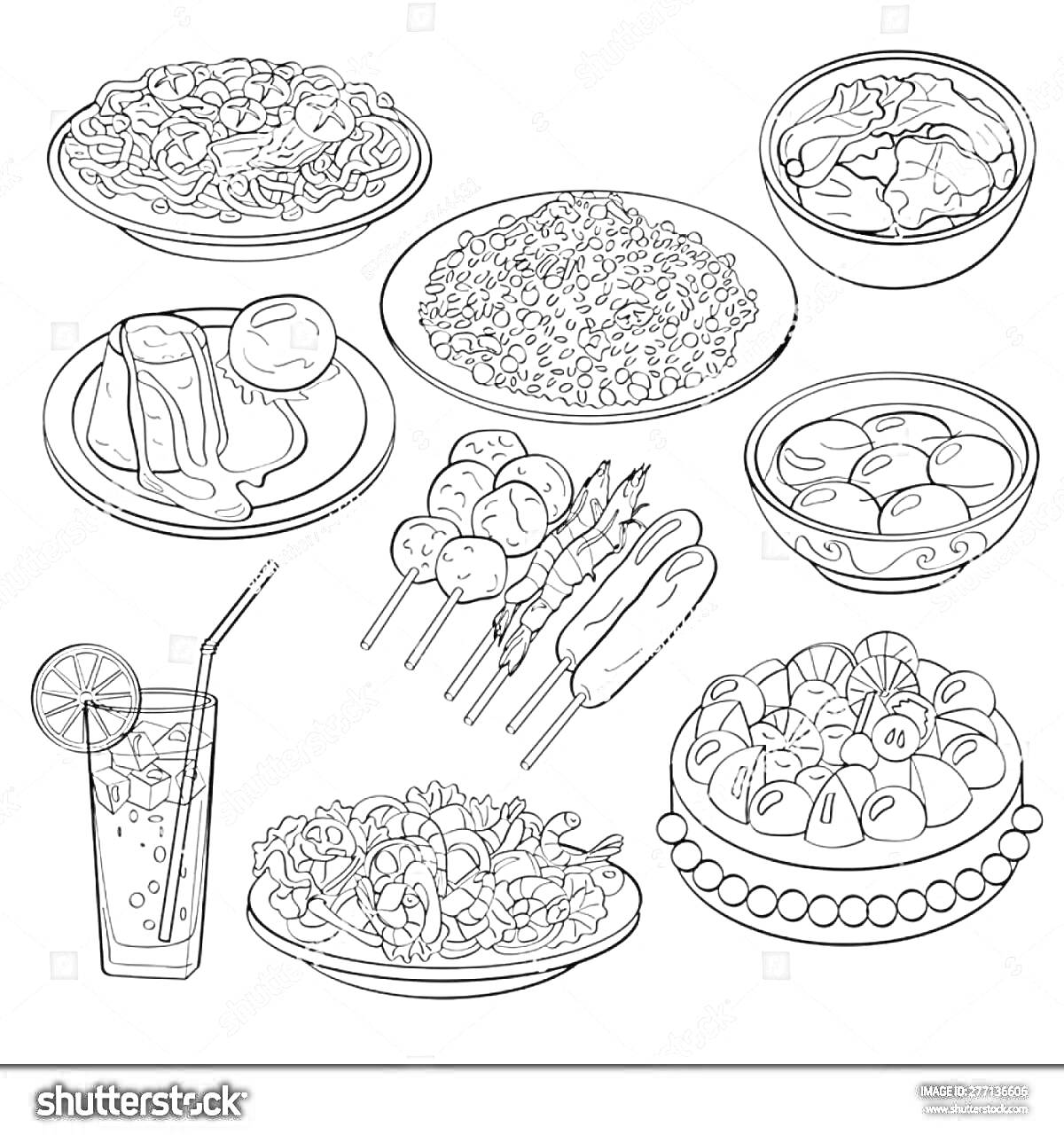 Раскраска Блюда разных стран с напитком - тарелка с пастой, тарелка с пловом, тарелка с супом, тарелка с запеченной рыбой и яйцом, шашлыки на шпажках, тарелка вареников, стакан с напитком и льдом, тарелка с салатом, тарелка с пирогом и ягодами