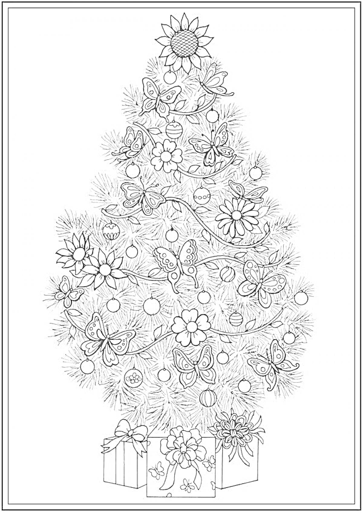 Раскраска Раскраска антистресс елка с цветами, бабочками, шарами и подарками
