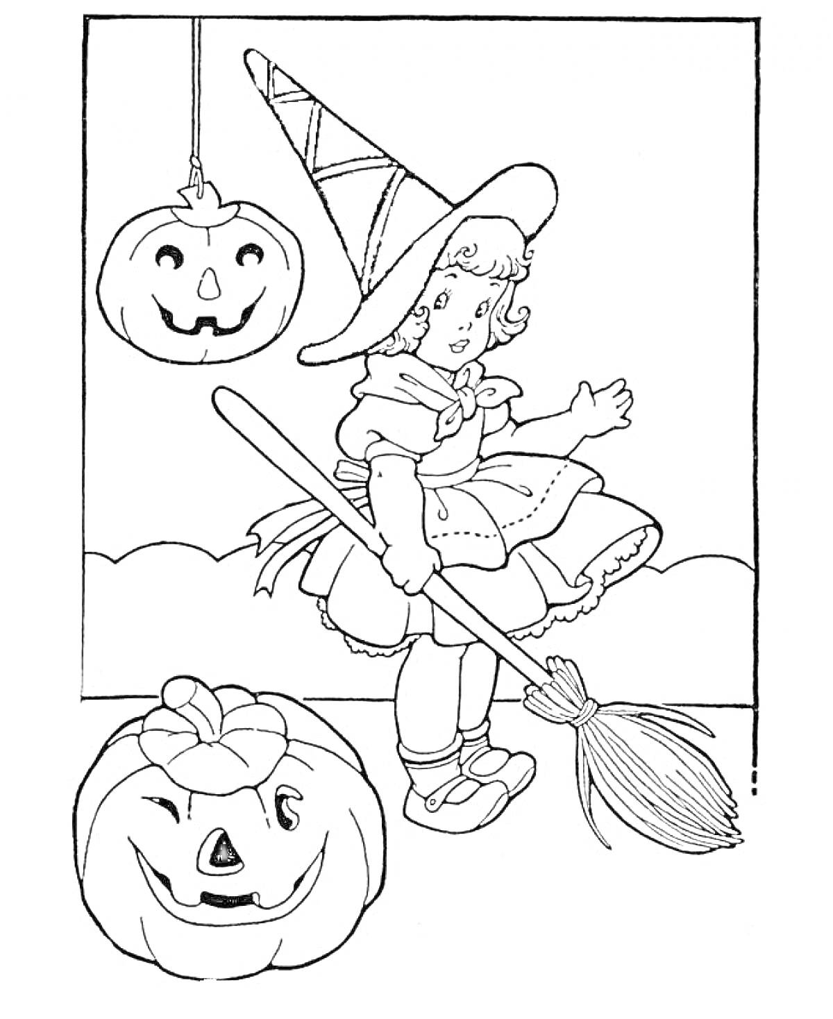 Раскраска Девочка в костюме ведьмы с метлой, тыквы с вырезанными страшными лицами