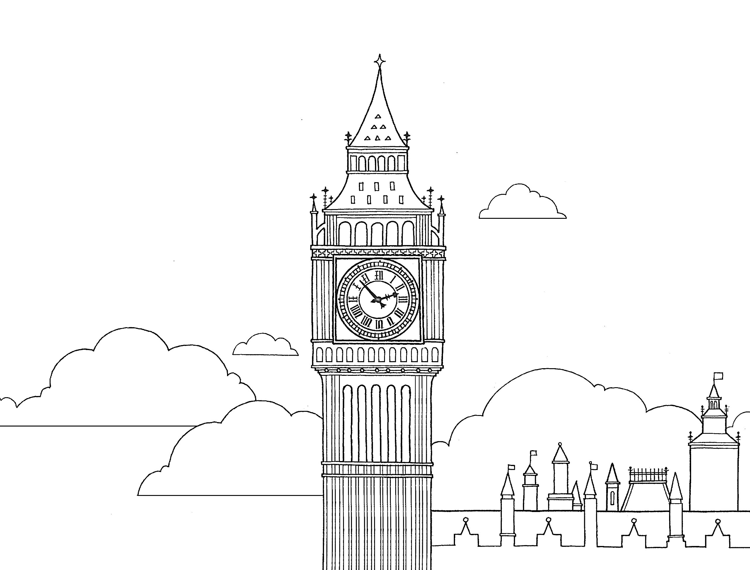 На раскраске изображено: Биг Бен, Лондон, Часы, Облака, Архитектура, Башни, Города