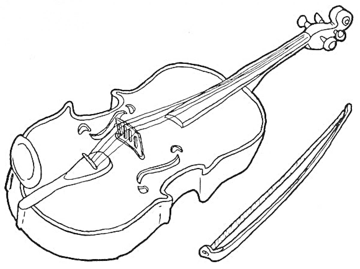 На раскраске изображено: Скрипка, Смычок, Музыкальный инструмент, Струны, Музыка, Классическая музыка