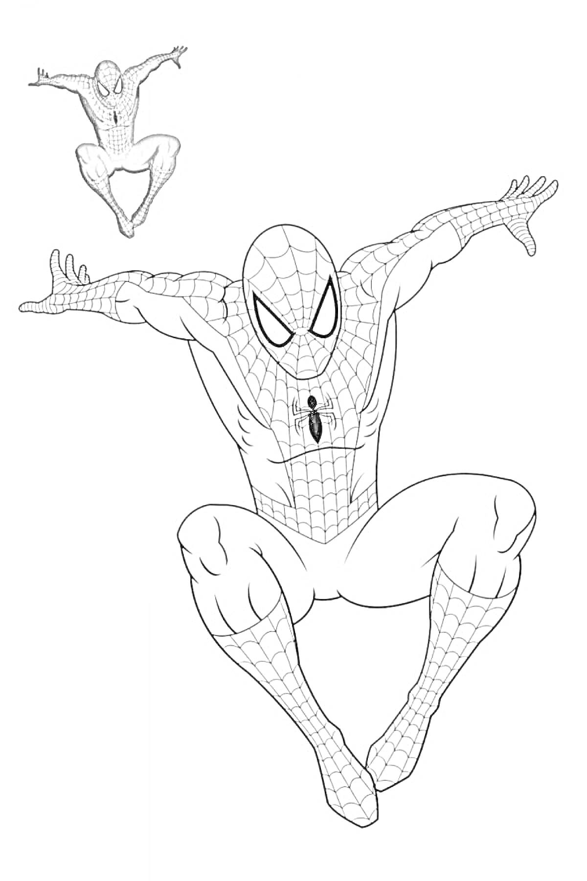 Раскраска Раскраска с изображением Человека-паука в прыжке с маленьким цветным Человеком-пауком в углу