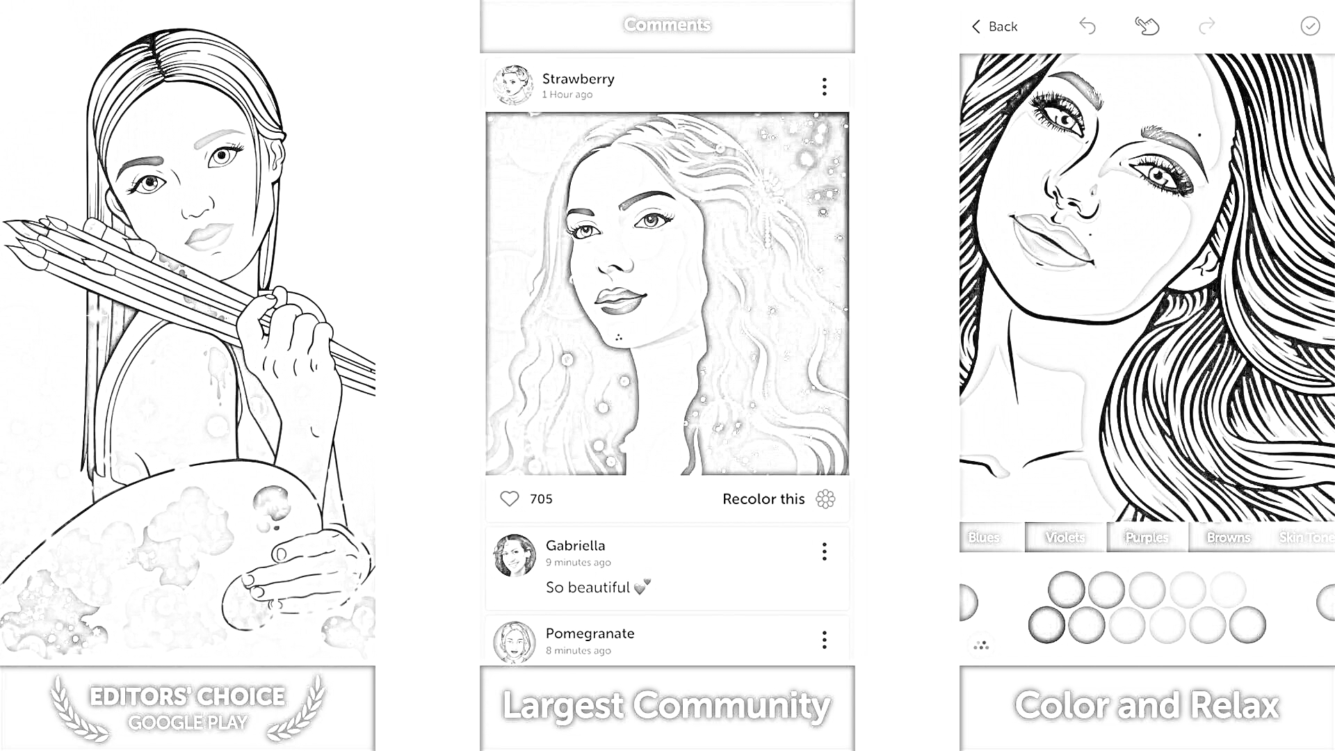Раскраска приложение для фото с раскраской, включает изображения женщин с художественными инструментами и палитрами, социальное взаимодействие пользователей и опции для раскрашивания