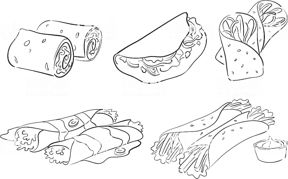 РаскраскаРазнообразные виды шаурмы и тако