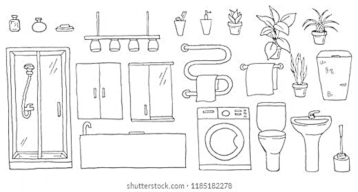 Ванная комната с душевой кабиной, раковиной, унитазом и стиральной машиной. Также на рисунке присутствуют шкафчики, ванна, полотенце на держателе, различные растения в горшках, лампа, зеркало, унитазный ёршик, согнутые трубы, баночки.