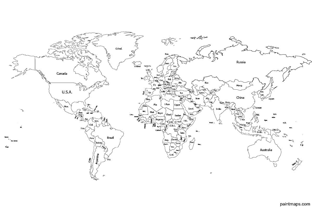 РаскраскаПолитическая карта мира с обозначением стран и границ