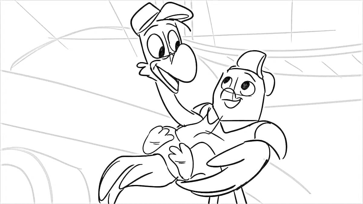 Раскраска Два мультяшных персонажа в фуражках, человекоподобный пеликан держит на руках другого персонажа
