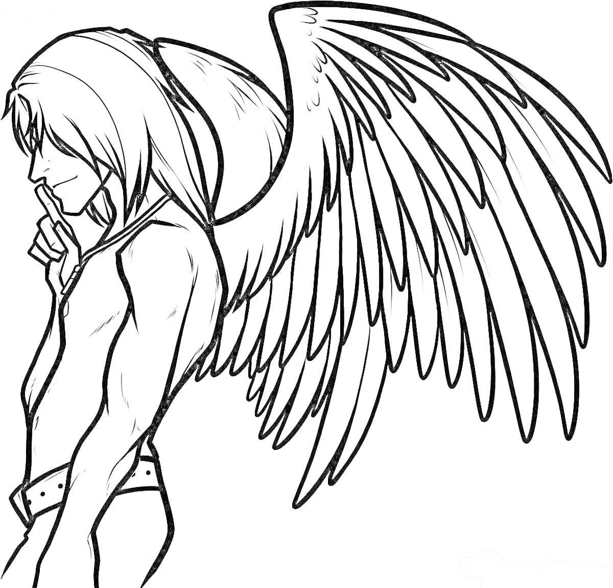 На раскраске изображено: Аниме, Крылья, Длинные волосы, Персонаж, Ангел, Задумчивость, Контурные рисунки